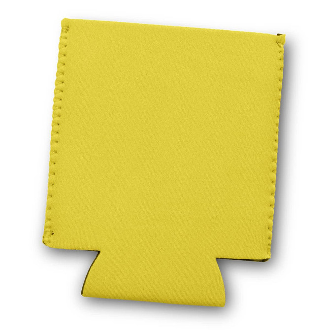 A yellow stubby cooler with a snug fit design and a cut-out at the base. It features a logo.