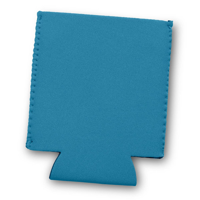 A drink bottle cooler in teal with stitched edges and a base cut-out, featuring a logo.