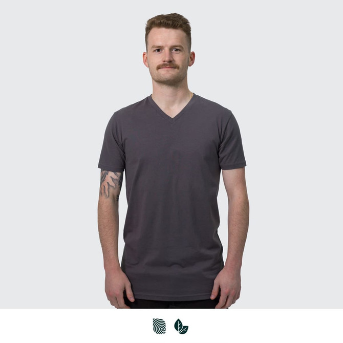 A men's V-neck T-shirt in a dark grey colour, featuring short sleeves and a logo.