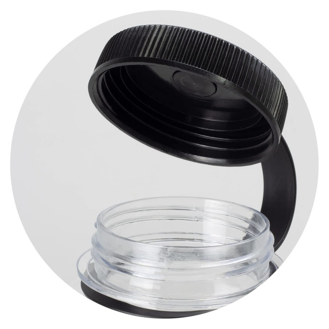 A drink bottle with a clear body and a black screw-on lid, showcasing the interior and opening.