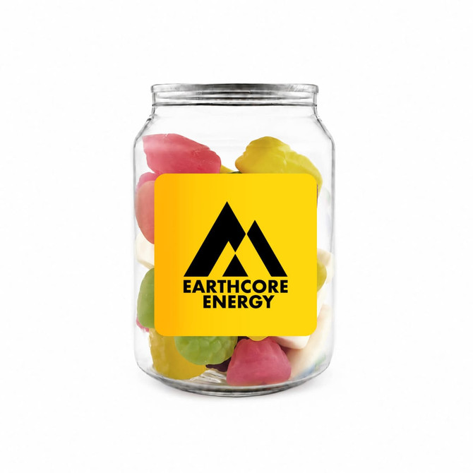 A clear jar filled with colourful jelly sweets in pink, yellow, green, and white, featuring a logo.