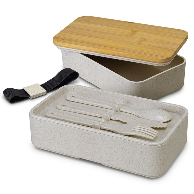 A stackable lunch box in light grey with a bamboo lid, featuring compartments and cutlery inside. It has a strap for secure closure.
