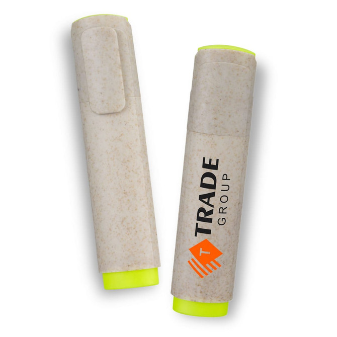 A set of two highlighters featuring a natural, textured body and bright yellow tips, each with a branding logo.