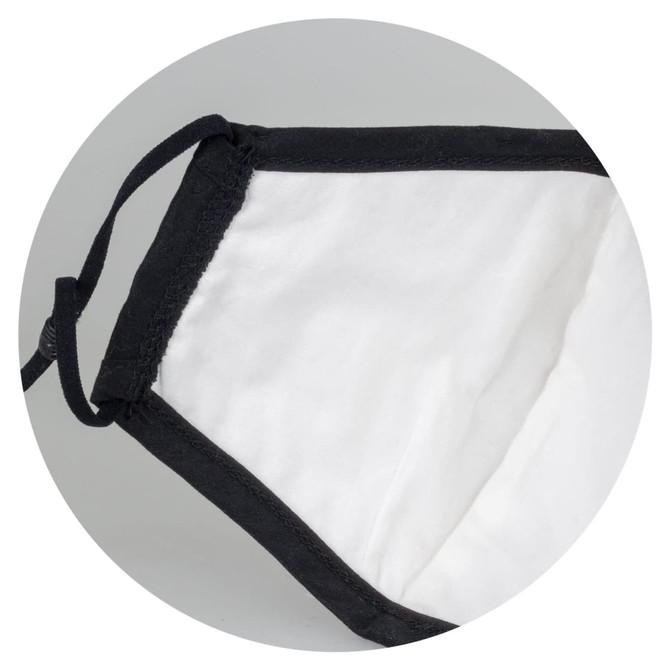 A Luxe Face Mask in black and white, featuring adjustable ear loops and a soft inner lining.