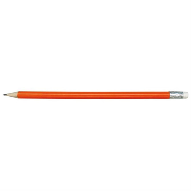 An HB pencil with an orange body and a silver ferrule.