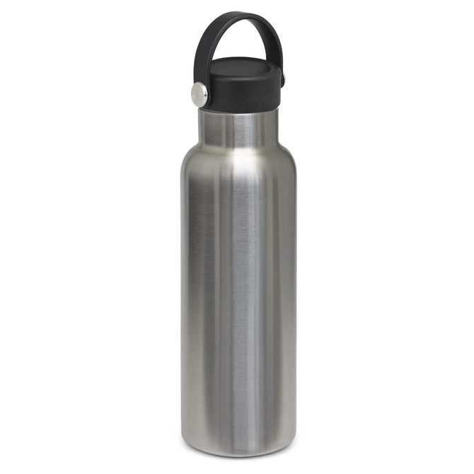 A stainless steel drink bottle with a black carry lid and a sleek, modern design. It features a branding logo.