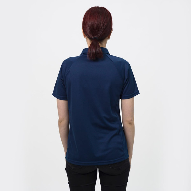 A navy blue women's polo shirt with a smooth fabric and a collar, featuring a branding logo.