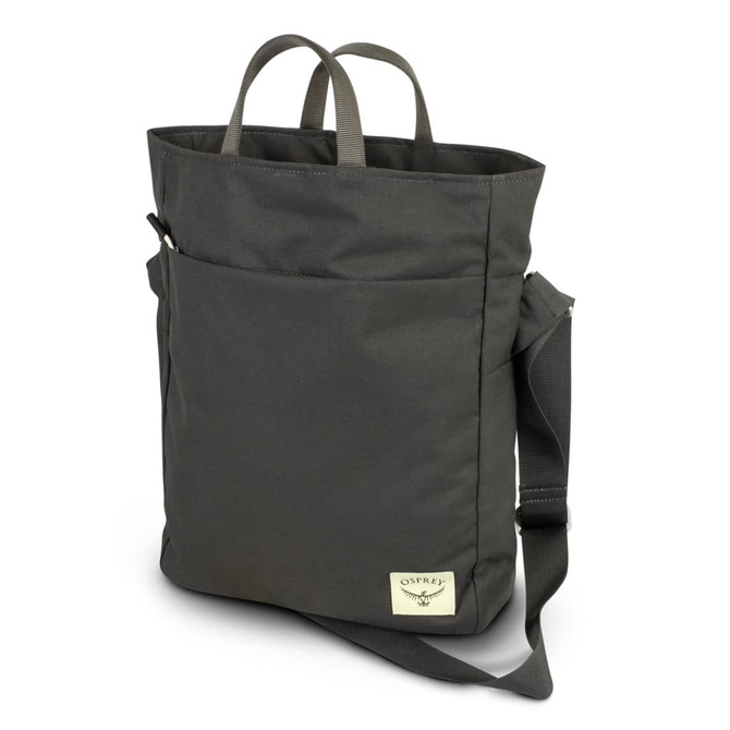 A dark green crossbody bag featuring a main compartment, carry handles, and a side pocket. The bag has a logo.