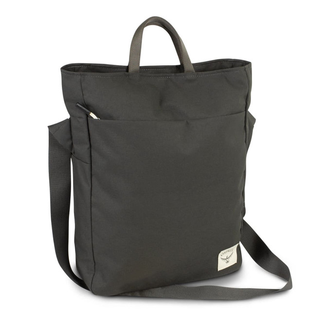 A dark green crossbody bag with a top handle, an adjustable strap, and a front pocket. It features a logo.