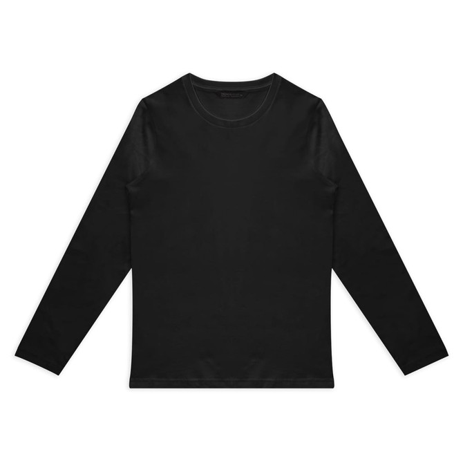 A black long sleeve crew shirt with a simple design and a logo on the front.