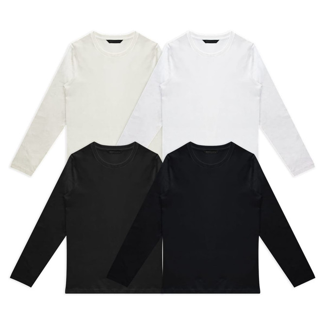 Four long sleeve crew shirts in white, black, and cream, featuring a logo on the neck area.
