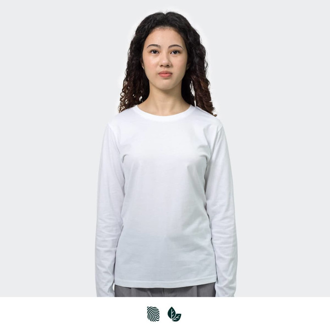 A long sleeve crew shirt in white, designed for women, featuring a logo.