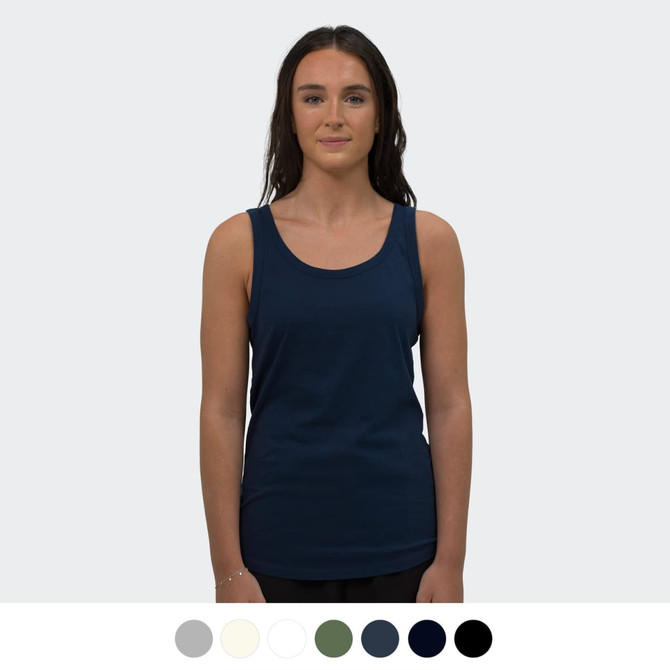 A woman wears a navy blue tank top. The product features a branding logo and is available in multiple colours.
