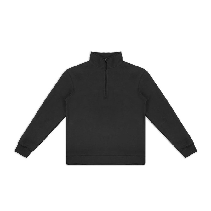 A black unisex jumper featuring a quarter zip and a high collar. The design includes a branding logo.