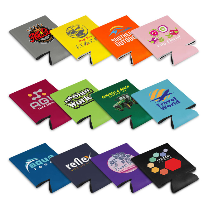 A collection of colourful stubby coolers in various designs with logos, featuring grey, yellow, green, pink, and more.
