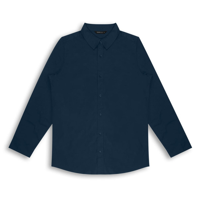 A navy blue button-up shirt with long sleeves and a pointed collar, featuring a logo on the front.