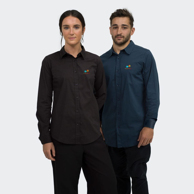 A dark brown men's button-up shirt and a teal men's button-up shirt worn by a model duo, featuring a logo.