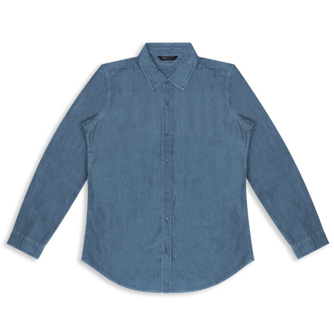 A blue denim button-up shirt with long sleeves and a collared neckline, featuring a logo.