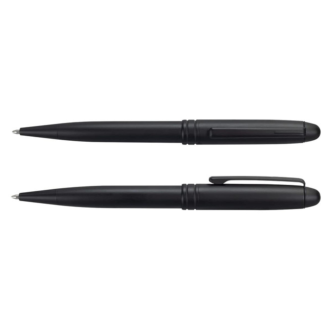 A black Onyx Writing Set featuring two sleek, matching ballpoint pens. It includes a logo on the pens.