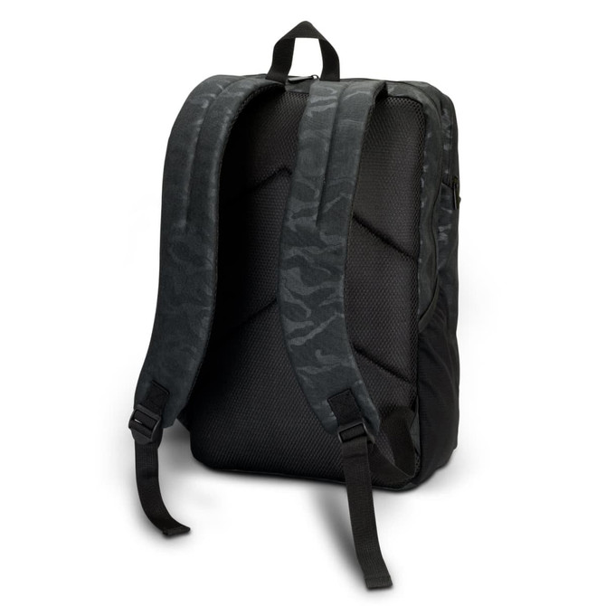 A dark green urban camo backpack with padded straps and a textured back. Features a branding logo.