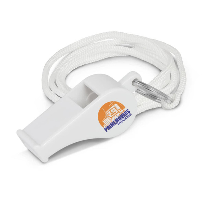 A white sports whistle with a logo, attached to a white lanyard for easy carrying.