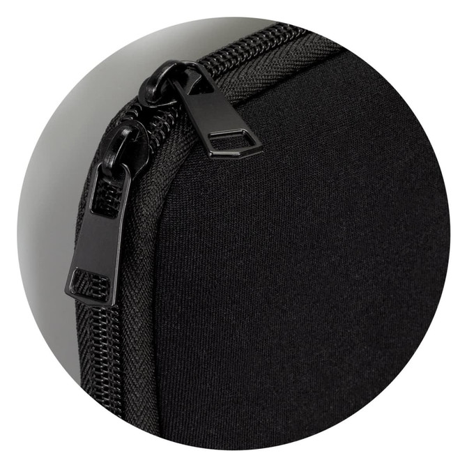 A black phone sleeve featuring a zippered closure and a textured exterior, with a logo visible on the fabric.
