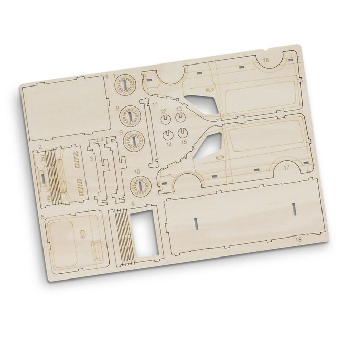 A wooden model kit of a van, featuring precision-cut pieces with a light wood finish. Includes a branding logo.