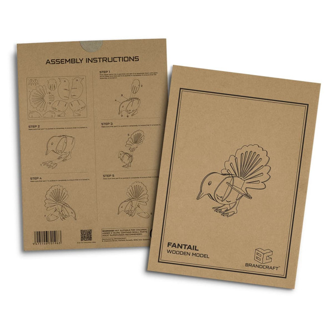A brown cardboard package featuring assembly instructions and illustrations for a Fantail wooden model.