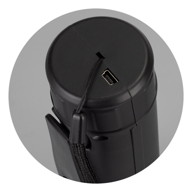 A black rechargeable torch with a charging port on the top and a strap for easy carrying.