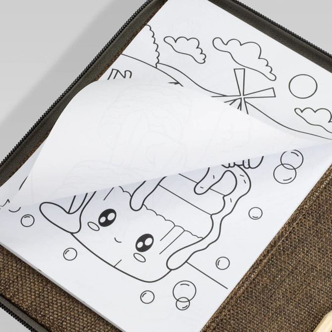 A portable drawing set featuring coloured pencils and a drawing pad with printed outlines for colouring.