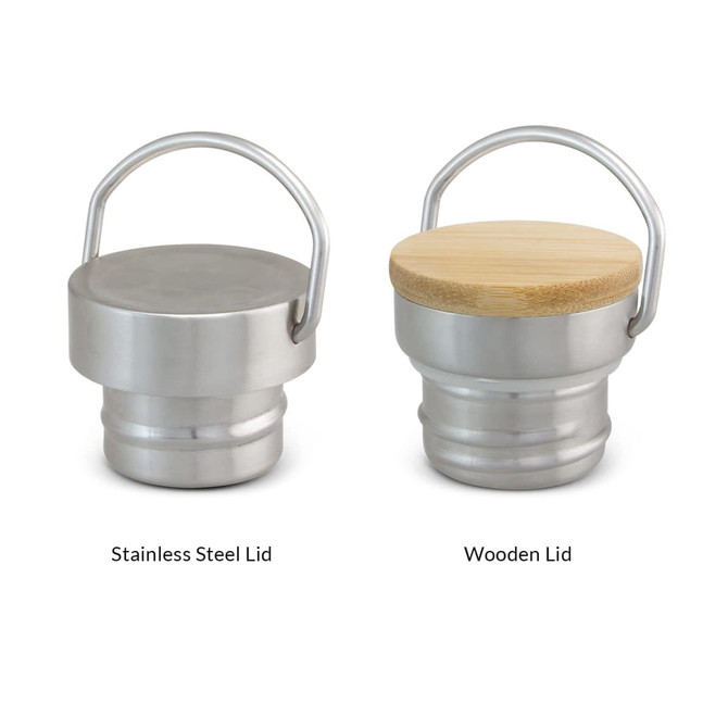 A drink bottle with a stainless steel lid on the left and a wooden lid on the right, both with metallic bodies.