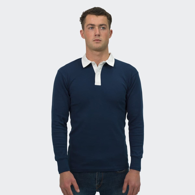 A unisex rugby jersey in navy blue with a white collar, featuring long sleeves and a branded logo.