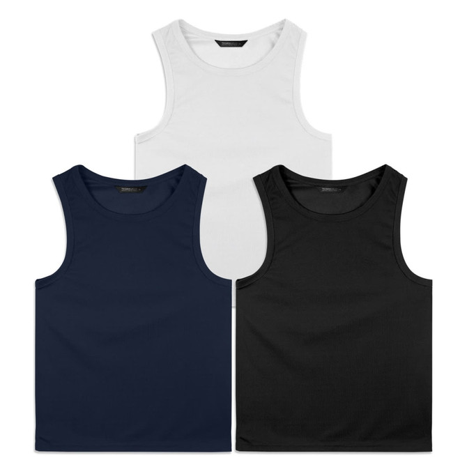 A set of three men's sports tank tops in white, navy, and black, featuring a simple design and a logo.