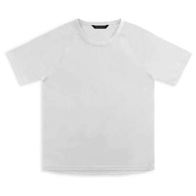 A white women's sports t-shirt with a simple design and a logo. Suitable for athletic wear.