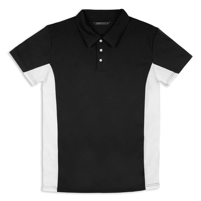 A black and white men's polo shirt with a collar and buttons, featuring a logo on the chest.
