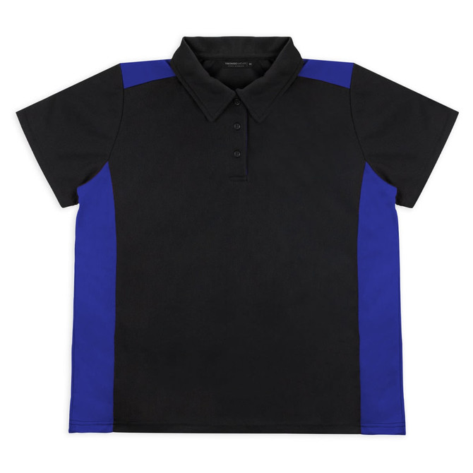 A black polo shirt with blue side panels and a collared neckline, featuring buttons and a logo.