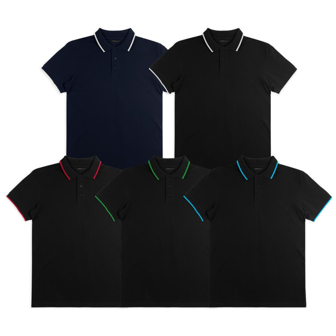 A collection of five men's polo shirts in navy, black, and various accent colours. Each shirt has a logo.