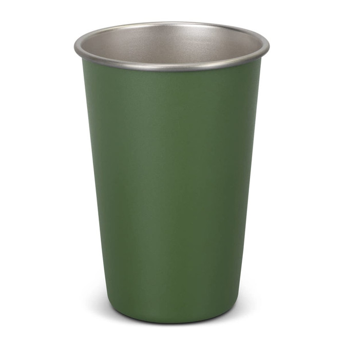 A drink bottle featuring a green exterior and a silver interior, with a simple design and a logo on it.