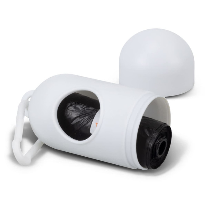 A white pet bag dispenser with a removable cap and a visible roll of black bags inside. It features a clip for attachment.