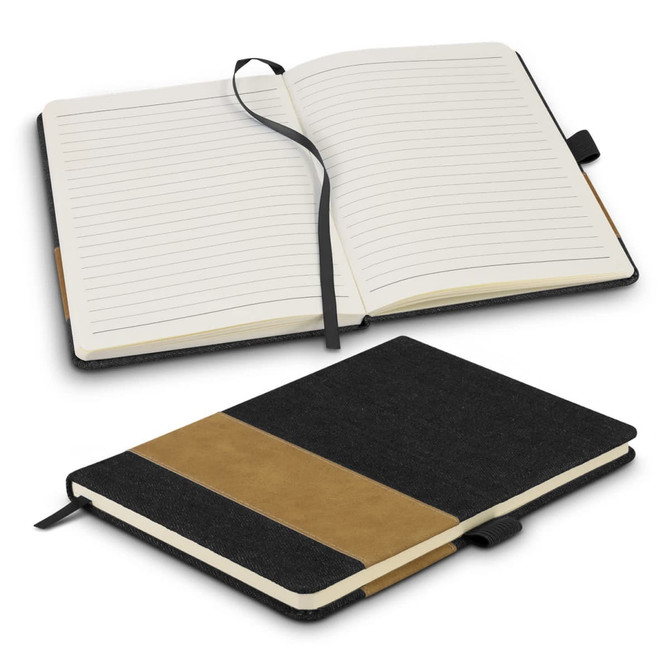 A denim notebook featuring a black cover with a brown leather-like band, opened to reveal lined pages.