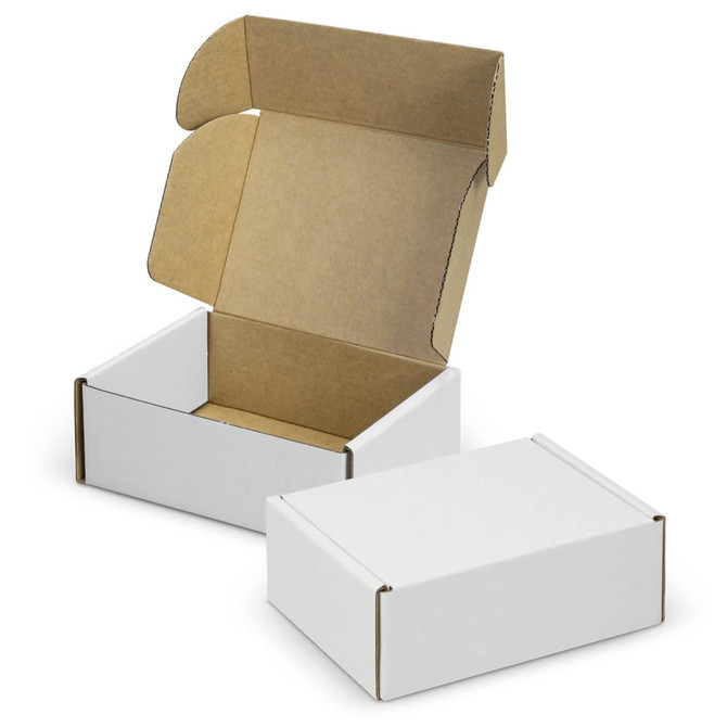 A white die cut box with a locking lid and a brown inner surface, displayed in an open position.