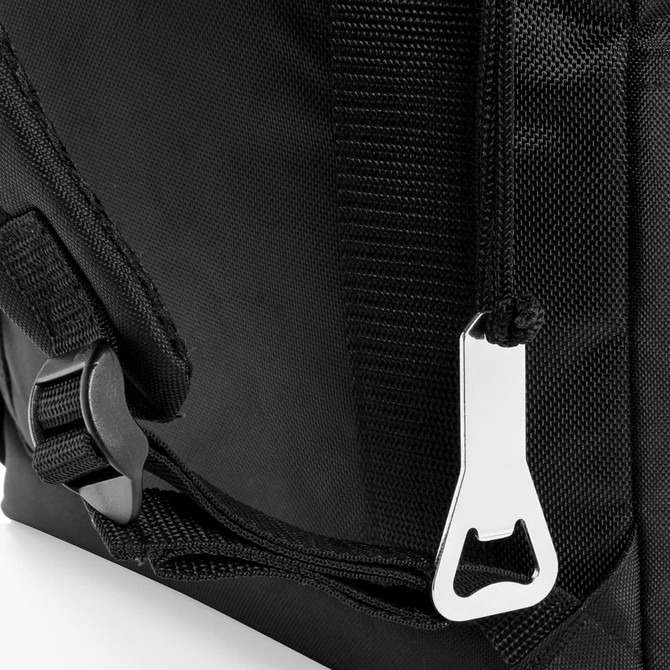 A black cooler totem pack with a silver zip and adjustable straps, featuring a utility clip for easy carrying.