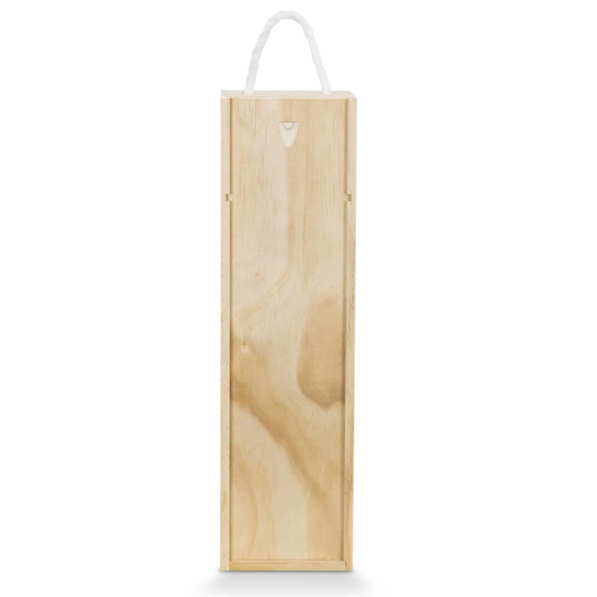 A wooden gift box with a natural finish and a white rope handle, suitable for wine.