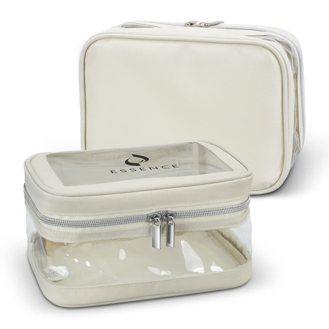 A cream-coloured cosmetic bag with a transparent front and silver zippers. It features a logo on the surface.