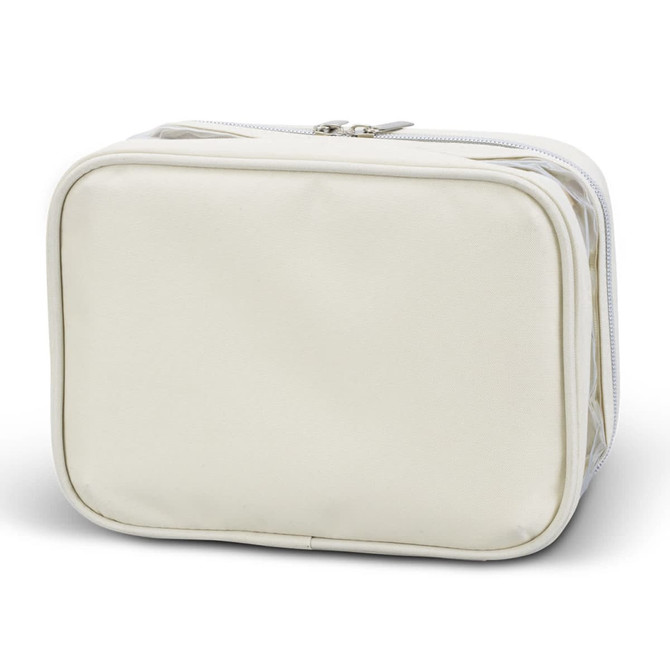 A soft, cream-coloured cosmetic bag with a zip closure and structured design. It features a logo on the exterior.
