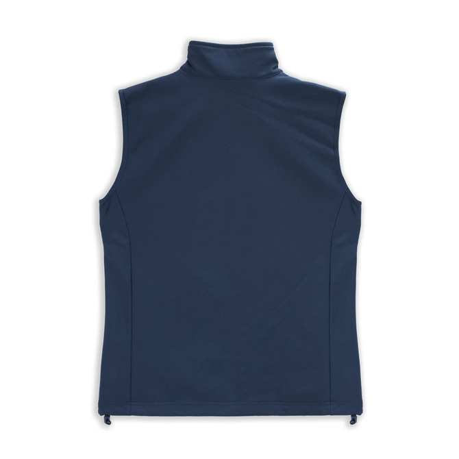 A navy women's vest with a high collar and no sleeves, featuring a sleek, smooth design and a subtle logo.