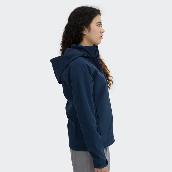 A navy soft shell jacket with a hood, featuring a sleek design and a fitted silhouette.