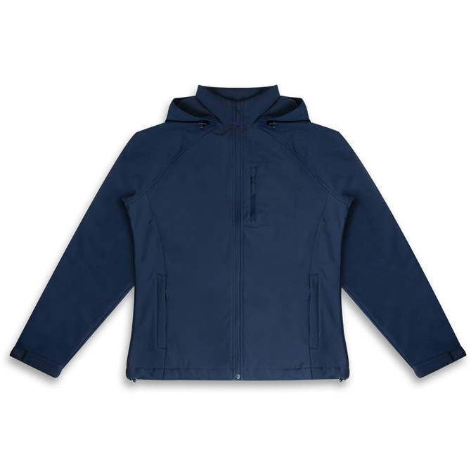 A navy blue soft shell women's jacket featuring a hood, zip pockets, and a branded logo.