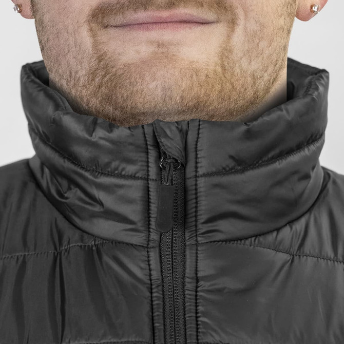 A black unisex puffer jacket with a high collar and zipped front, showcasing a stylish and warm design.