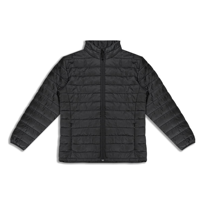 A black women's puffer jacket featuring a zip-up front and two side pockets, with a stylish, lightweight design.
